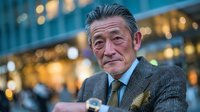 Senior Asian businessman in elegant suit standing confidently outside modern office building at dusk with warm city lights creating professional atmosphere.