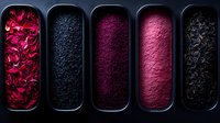 Vibrant dried ingredients in black ceramic dishes showing variety of natural food colorings from deep red to black, arranged in modern minimalist style on dark background.