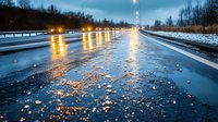 Wet highway during winter evening with glowing street lights reflecting on icy road surface. Snow-covered roadside and scattered salt crystals create dramatic atmosphere.