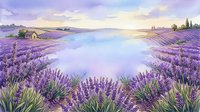 Watercolor lavender field landscape with lake at sunset, purple flowers blooming in countryside meadow, peaceful rural scenery for relaxation and aromatherapy themes.