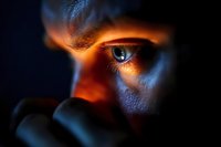 Close-up view of intense blue eye illuminated by dramatic orange light against dark background, creating mysterious and emotional atmosphere.