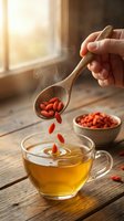 Hand adding goji berries from wooden spoon into herbal tea cup on rustic table with warm sunlight streaming through window creating cozy kitchen atmosphere.