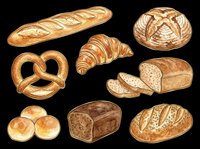 Watercolor bakery bread set isolated on transparent background. Baguette, croissant, pretzel, sourdough, loaf, rolls clipart for t-shirt, sticker, print on demand.