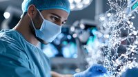 Middle Eastern male surgeon in scrubs examining DNA structure hologram in modern operating room with blue lighting and medical technology background.