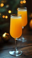 Fresh mimosa cocktails in elegant champagne flutes with festive bokeh lights and ornaments in background, creating warm holiday atmosphere on wooden surface.