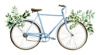 Vintage blue bicycle adorned with green foliage and white flowers, featuring brown leather seat and classic design for eco-friendly transportation concept.