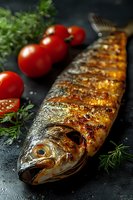 Grilled whole fish with crispy golden skin served with fresh cherry tomatoes and herbs on dark background. Fresh seafood preparation for restaurant menu.