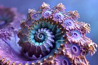 Mesmerizing spiral fractal pattern in purple and turquoise tones with intricate details and organic flowing shapes creating hypnotic visual effect. Macro photography style.