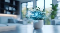 Digital hologram projection from potted plant showing smart home technology, automation interface and connected devices in modern office environment. Futuristic IoT concept.