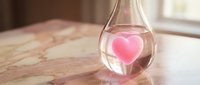Pink heart floating inside clear glass teardrop vase on wooden surface with soft natural lighting for romantic decor and love concept designs.