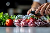 Fresh raw beef steaks in vacuum sealed package on kitchen counter with tomatoes and herbs, hands opening plastic wrap for cooking preparation.