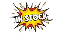 Comic book style explosion burst with IN STOCK text in white letters on yellow background with red accents and radiating lines for retail and business use.