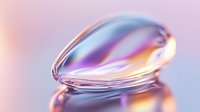 Macro shot of transparent liquid drop with iridescent rainbow reflections on smooth glossy surface in pink and purple tones, abstract minimalist composition.