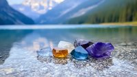 Colorful healing crystals and gemstones arranged on rocky shore beside tranquil mountain lake with forest reflections for meditation and spiritual wellness.