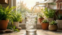 Water pouring into glass with potted plants on sunny windowsill, ideal for wellness, hydration and healthy lifestyle content.