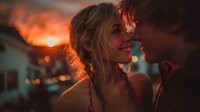 Young couple sharing intimate moment at sunset with warm orange glow and bokeh lights creating romantic atmosphere for relationship concepts.
