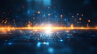 Digital technology landscape with glowing orange and blue circuit paths leading to bright horizon, abstract network connections and data flow visualization background.