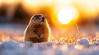 Ground squirrel standing alert in snowy field during golden sunset, backlit by warm sunlight creating magical winter atmosphere with bokeh effect in background.