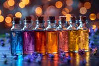 Colorful glass bottles with magical potions lined up against blurred bokeh lights background, decorated with small purple flowers and glowing liquid inside.