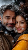Close-up portrait of mature Caucasian man with gray hair and beard alongside young Middle Eastern woman in winter clothing during snowfall, expressing joy and warmth.