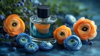 Elegant perfume bottle surrounded by fresh orange and blue ranunculus flowers on dark textured background, creating luxurious beauty product composition.