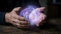 Elderly hands cupping glowing purple energy sphere with mystical light effects on dark wooden surface for spiritual and metaphysical concepts.