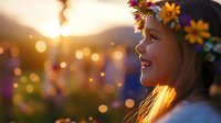 Young woman wearing floral crown smiling at sunset with magical bokeh lights and golden hour glow creating dreamy atmospheric scene for lifestyle and happiness concepts.