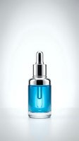 Blue serum dropper bottle with silver cap on white background for skincare and cosmetic product packaging design.