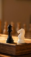Chess pieces black queen and white knight on wooden board with warm lighting and blurred background for strategic thinking concepts.