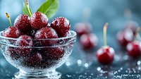 Fresh ripe cherries with water drops in glass bowl on dark background with bokeh lights, macro food photography for healthy eating concept.