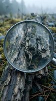 Magnifying glass revealing detailed texture of weathered wood log in natural outdoor setting with moss and atmospheric lighting for nature exploration.