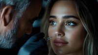 Young blonde woman receiving professional lip filler injection treatment from mature male cosmetic practitioner in medical clinic setting with dramatic lighting.