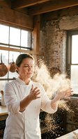 Professional female chef clapping flour from hands in rustic kitchen with exposed brick walls and wooden beams creating dynamic flour cloud motion.