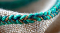 Detailed macro shot of braided turquoise and brown threads woven into natural linen fabric, showing intricate textile craftsmanship and decorative stitching pattern.