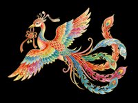 Ornate phoenix bird with vibrant feathers in gold, orange, blue and red tones, isolated on transparent background. Ready for t-shirt design, clipart, stickers, sublimation and print-on-demand projects.