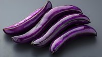 Fresh purple eggplants arranged in row on dark background, organic vegetables with glossy skin showing natural produce texture and vibrant color.