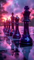 Chess pieces lined up on reflective surface with dramatic purple and pink bokeh lighting effects creating mysterious atmospheric mood for strategy concepts.