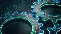 Digital gears with glowing neon cyan and green outlines on dark tech background with circuit patterns, representing mechanical systems, automation, engineering, and industrial technology concepts.