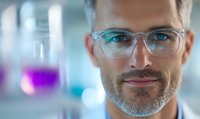 Mature male scientist with glasses and gray beard examining laboratory samples. Confident professional in research facility with colorful liquid solutions in background.