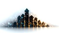 Glowing ascending arrow shapes formed by connected buildings with illuminated windows against dark background, creating business growth concept visualization.