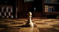 White chess pawn standing alone on wooden chessboard in elegant library setting with warm lighting and blurred bookshelves in background.