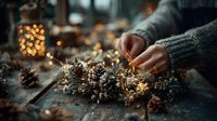 Female hands creating festive wreath with pine cones and fairy lights on rustic wooden table, creating warm holiday atmosphere.