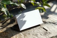 Blank white business card mockup on stone surface with natural leaf shadows and sunlight, creating organic lighting effect for branding presentation.