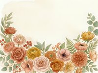 Watercolor floral border with roses, dahlias, and anemones in warm autumn tones on a cream background, perfect for wedding invitations and cards.