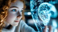 Young blonde woman scientist examining holographic brain model with neural networks in futuristic laboratory for medical research and neuroscience technology applications.