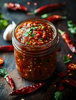 Homemade spicy chili sauce with red pepper flakes in glass jar surrounded by fresh hot peppers and herbs on dark wooden background for cooking.