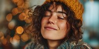 Young woman with curly hair wearing orange knit hat smiling peacefully with eyes closed against warm bokeh lights background creating cozy autumn mood.