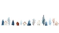 Minimalist winter landscape with watercolor houses and trees in blue and brown tones forming decorative border pattern. Suitable for seasonal design projects.