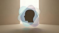 Male silhouette profile surrounded by translucent pastel geometric shapes in modern minimalist setting with soft lighting, suitable for psychology, identity, and corporate branding concepts.