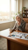 Senior woman with white hair, Caucasian ethnicity, wearing beige blazer, reviewing design samples and color swatches at wooden desk with coffee cup in bright office with large windows and plants.